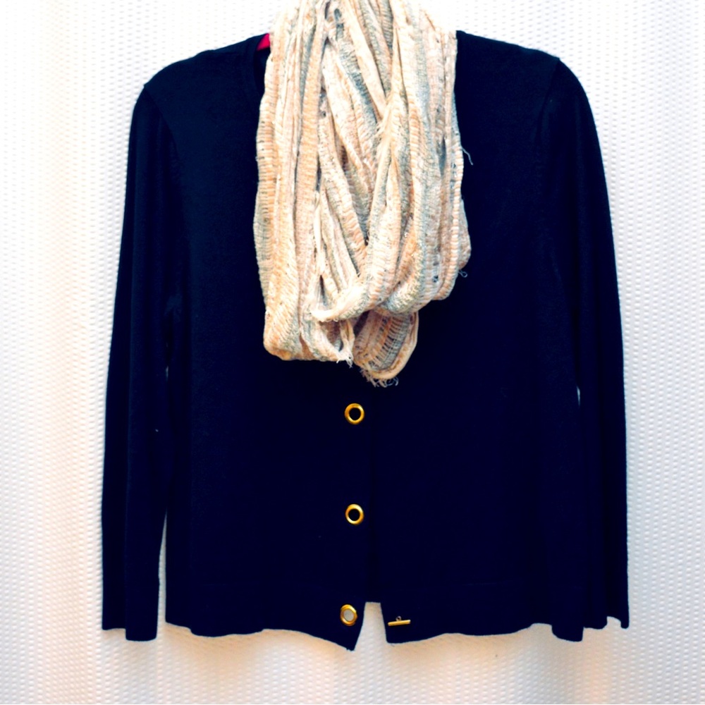 Women’s infinity scarf, muted colors tan, blue and white